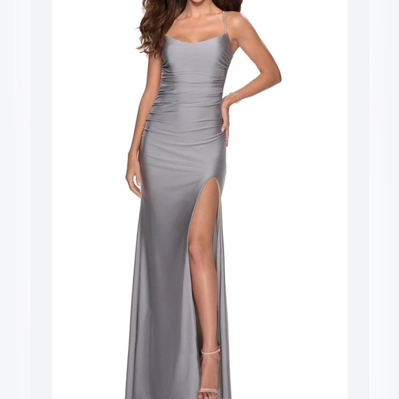 La Femme Dresses & Skirts - La Femme Women’s Silver Spaghetti Strap Backless Bodycon Dress Size 2 NWT